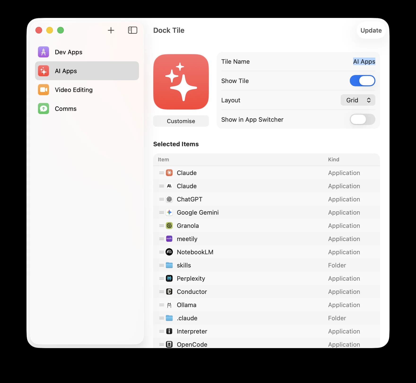 Dock Tile app showing tile configuration with selected applications