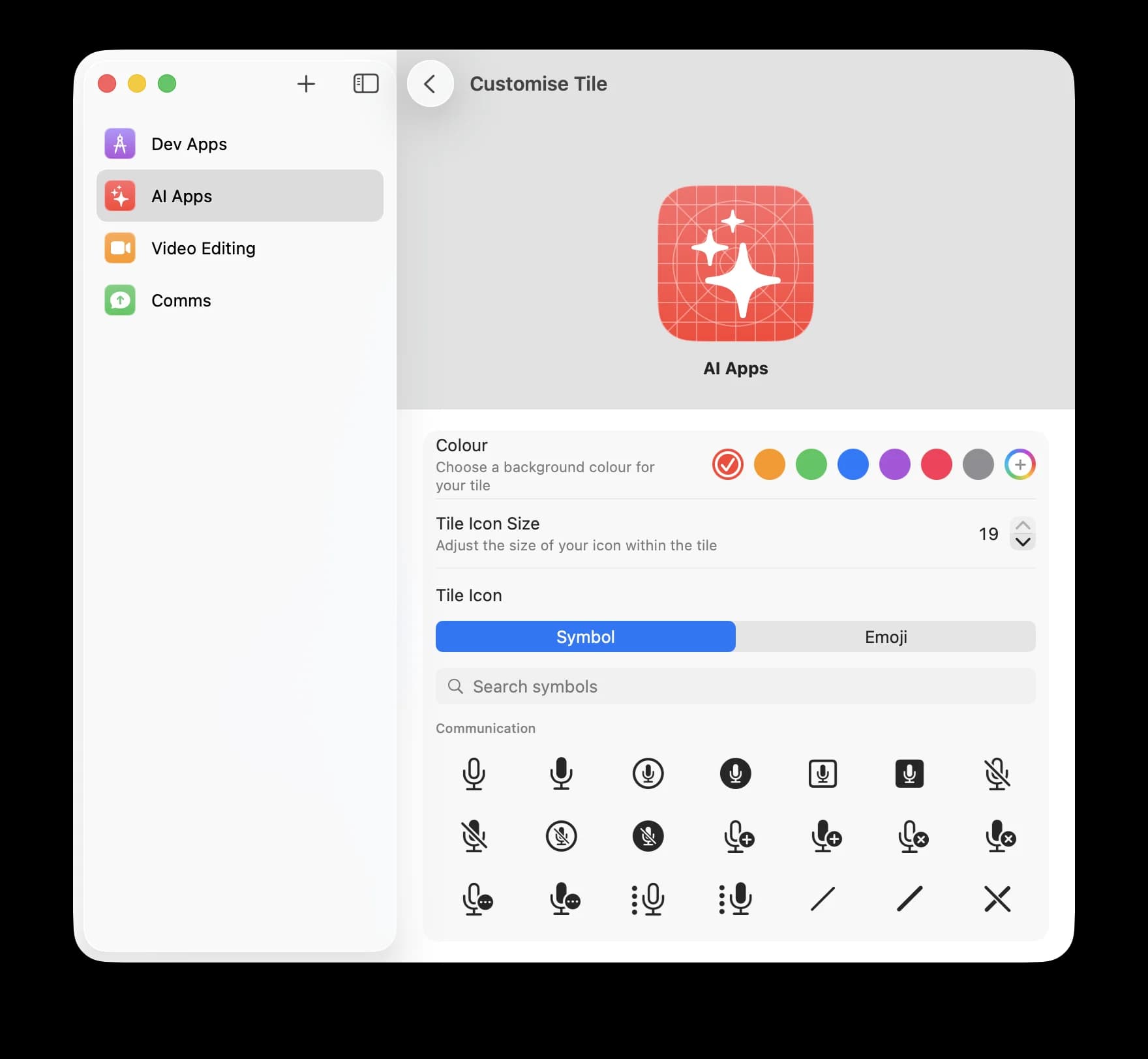 Dock Tile icon customiser with colour, size and symbol options