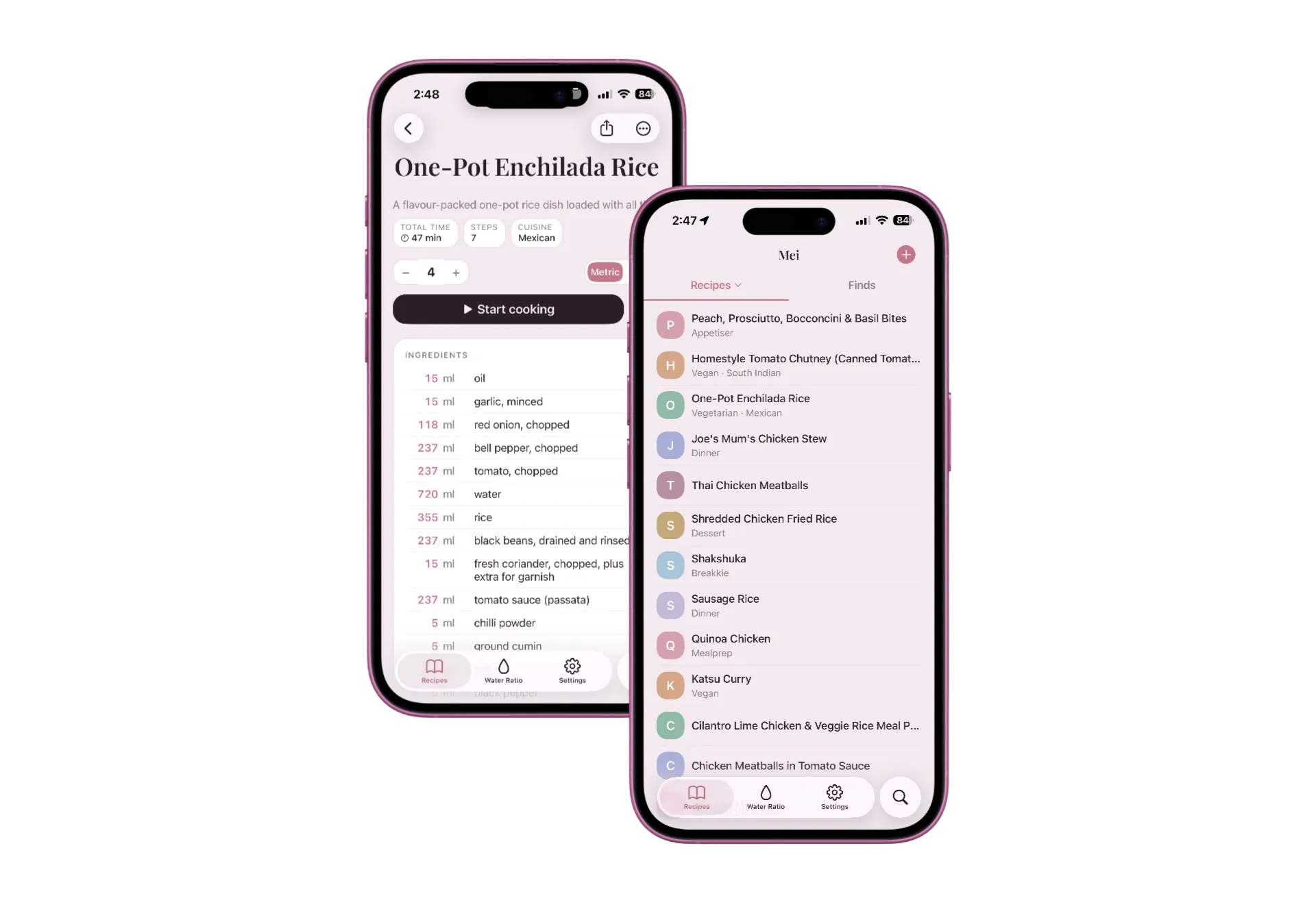 Mei recipe app on iPhone — the recipe library and the built-in water-ratio calculator