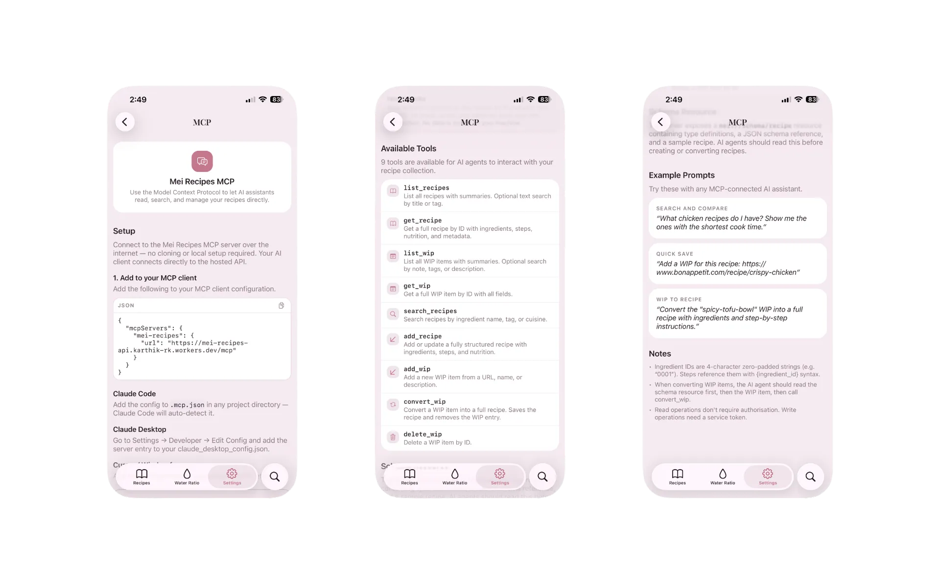 Mei's in-app MCP guide — client setup, the nine tools agents can call, and example prompts