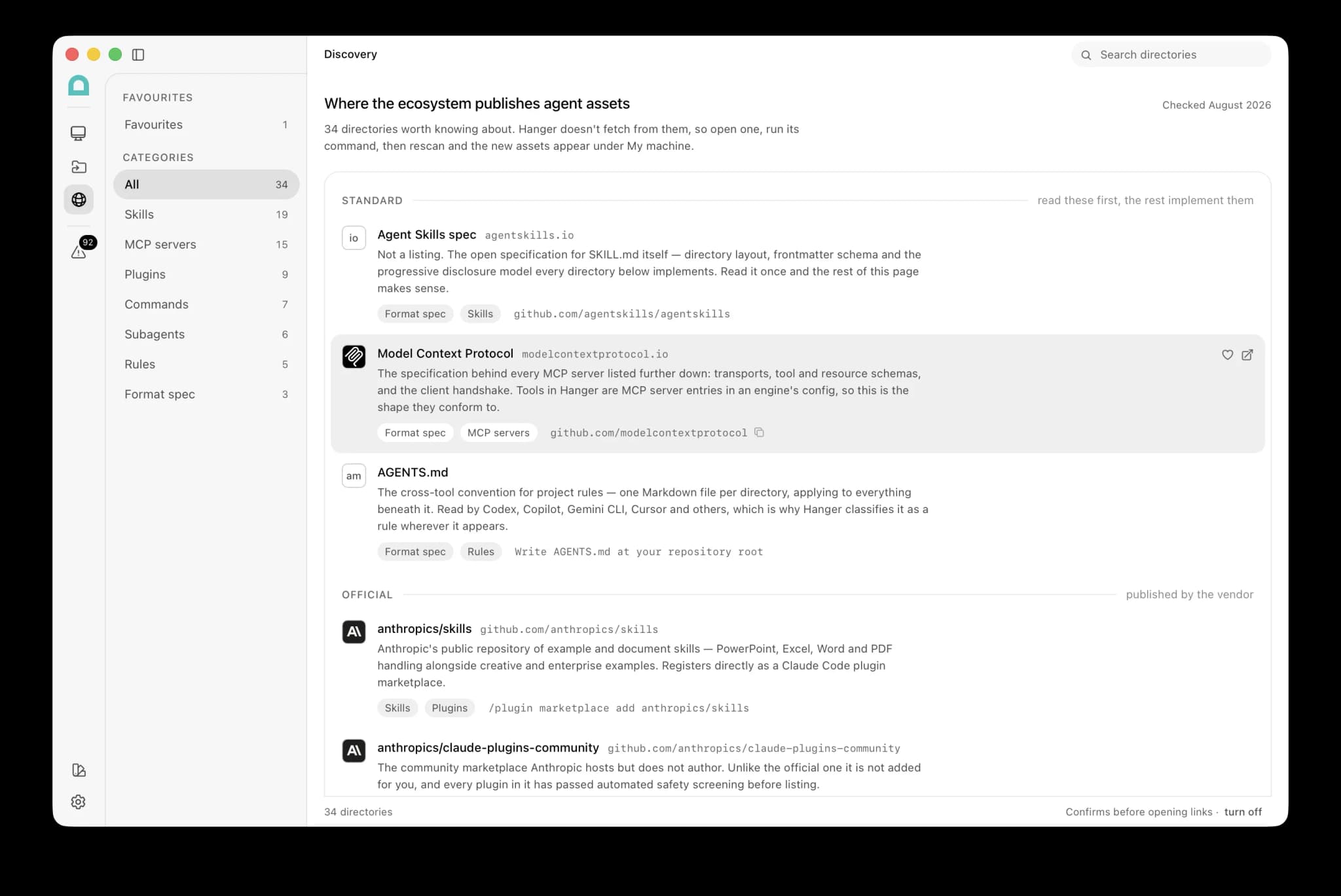 Hanger's Discovery screen: 34 directories where the ecosystem publishes agent assets, grouped into Standard and Official sections, with the Agent Skills spec, Model Context Protocol and AGENTS.md listed first